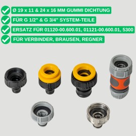 Replacement Flat Seal Set, 50 Pieces, for G 1/2 Inch and 3/4 Inch Garden Plug Systems, Compatible with Gardena 21 and 26.5 mm Tap Connectors, Diameter 19 x 11 and 24 x 16 mm, Rubber, Seal for