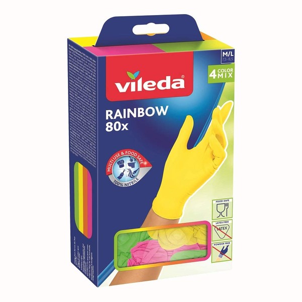 Vileda Rainbow Nitrile 80 Disposable Gloves - 100% Nitrile - 4 Bright Colours - Medium/Large - Pack of 80