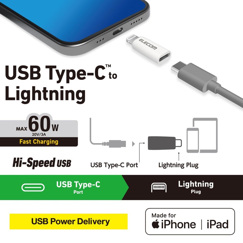Elecom MPA-CFLMWH USB Type-C to Lightning Adapter, 60W, USB PD