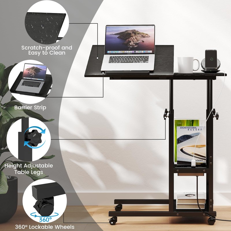 Hadulcet Adjustable C Table with Charging Station, Tiltable Desk C