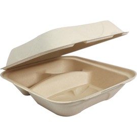 World Centric 8"x8"x3" Compostable Clamshell, 3-Compartment - Case of 300 - Plant Fiber with no Added PFAS - TO-SC-U8T-LFP