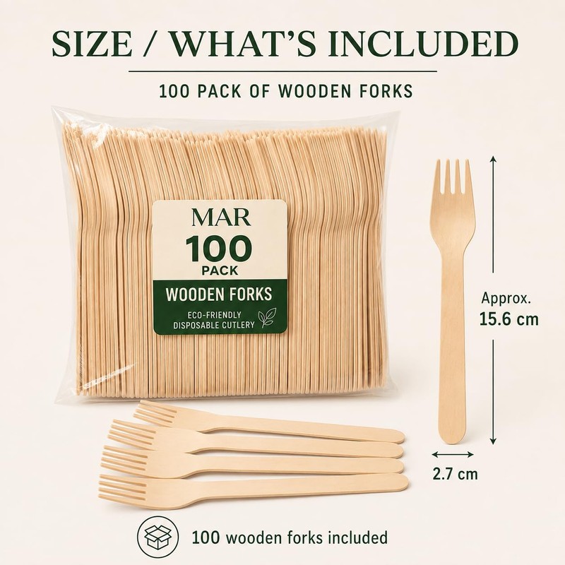 MAR Wooden Forks 100 Pack Disposable Cutlery Compostable for Parties