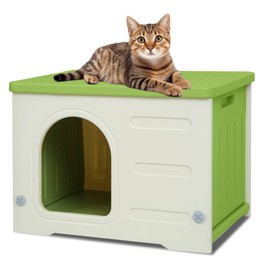 Waterproof Cat House Outdoor Indoor, Plastic Cat House for Outdoor Cats Feral Cat House Outdoor, Sturdy Cat Bed for Small Pet, Spacious, Assemble Easily -Grey