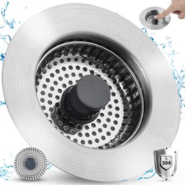 All Metal Kitchen Sink Drain Strainer Universal Pop Up 3-in-1 Sink Stopper Drainer for US Standard 3-1/2 inch Drain Filter, Anti-Clog