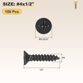 METALLIXITY Countersunk Phillips Wood Screw (#4x1/2) 100Pcs, 304 Stainless Steel Coarse Thread Phillips Drive Flat Head Wood Screws - for Furniture Installation Repair, Black