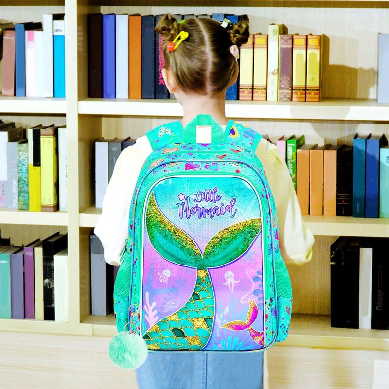 KLFVB 3PCS Girls Mermaid Backpack, Water Resistant Kids Unicorn Bookbag