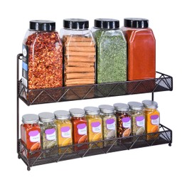 AMT Spice Rack, Wall Mount Organizer, Pantry Cabinet Door Shelf Storage, Kitchen seasoning Hanging Display for Spice Jars, Sauces, Herbs, Cosmetic Beauty Bottles (2 Tier- Style 7V (Brown))