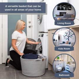 DENJA & CO Extra Large Woven Basket for Storage | Organize Pillows, Toys, and Laundry | Cotton Rope Storage Basket for Blankets, Towels and Nursery Storage | Light Gray (21 inches x 13.8 inches)