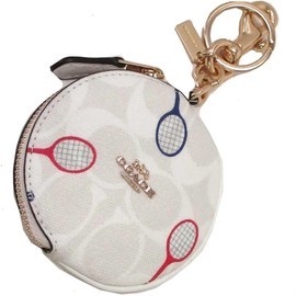 COACH CHALK/MULTI RACQUET PRINT CIRCULAR ZIP COIN POUCH KEY RING FOB C8219