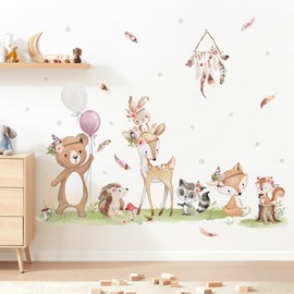 decalmile Wandtattoo Waldtiere Boho Wandaufkleber Hirsch Bär Fuchs Hase Wandsticker Babyzimmer Kinderzimmer Schlafzimmer Wanddeko