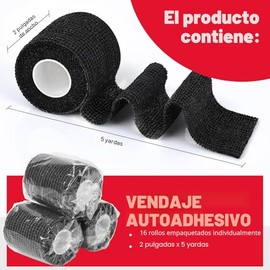 AZEN Paquete de 16 Vendas Autoadhesivas Negras, Cinta Atlética Negra de 2" X 5 Yardas, Venda Veterinaria, Cinta de Agarre para Tatuaje, Cinta para Tob