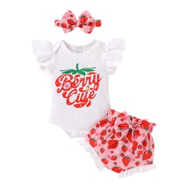 Tiny Cutey Newborn Infant Baby Girl Clothes Romper Floral Shorts Set Summer Outfits Baby Girls' Clothing(Strawberry,18-24 Months)