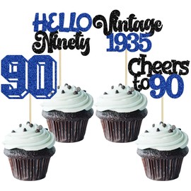 Gyufise 24Pcs Happy 90th Birthday Cupcake Toppers Star 90 Hello Ninety Vintage 1935 Cupcake Picks Cheers to 90 Birthday Decorations for 90th Birthday Anniversary Party Decorations Supplies Blue