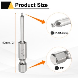 HARFINGTON 10pcs Ball End Hex Screwdriver Bit H1.5 (1.5mm) Head 1/4" Hex Shank 50mm (2") Long Magnetic S2 Steel Metric Screw Driver Drill Bit Wrench Socket Power Tool