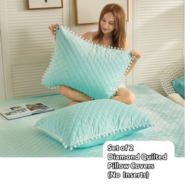 LIFEREVO 2 Pack Diamond Quilted Velvet Bed Pillowcases, Pom Poms Fringe Decorative Throw Pillow Shams Set of 2, Soft Bed Pillow Cases Zipper Closure for Teen's Girls Bedroom (Aqua, Standard/Queen)