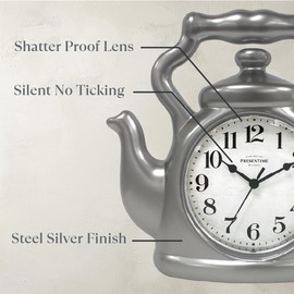 Presentime & Co. 11" Teapot Clock, Silent Non Ticking, Modern Farmhouse Style, Wall & Mantel 2 in 1 Clock, Desk & Shelf, Steel Silver Finish (Wall Deocration/Home Decoration/Tabletop Décor)