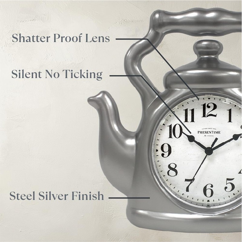 Presentime & Co. 11" Teapot Clock, Silent Non Ticking, Modern