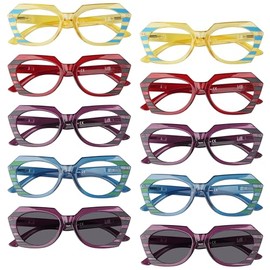 Reducblu 10 Pack Cat-Eye Reading Glasses for Women Stripe Pattern Design Cheaters Trendy Readers +3.00