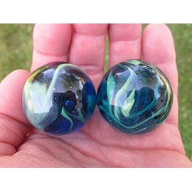 Big Game Toys Set of 2 Ocean Tide 35mm Boulder Translucent Blue/Green Swirl Large Shooter Solid Glass Marbles Home Decor/Vase Filler/Aquarium