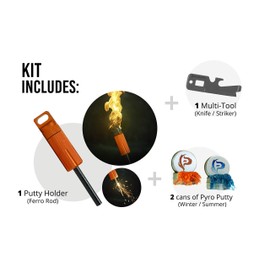 Phone Skope Pyro Putty MEGA Ferro Rod - Comes with 2, 0.5 oz Cans of Putty Putty (Summer and Winter) & a Multitool Striker (Mega Ferro Rod Orange Kit)