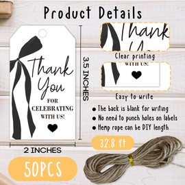 Thank You Gift Tags with String, 2x3.5 Inch Thank You for Celebrating with Us Tag, Black Bow Print, Gift Label for Birthday Party Baby Bridal Shower Wedding Favor-A15