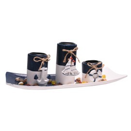 Qaixwuyi Set di portacandele in legno con decorazione marittima, 3 portacandele con anello di salvataggio, ancora, ciondolo a vela, vassoio, pietre, stile mediterraneo, decorazione da tavolo, vintage