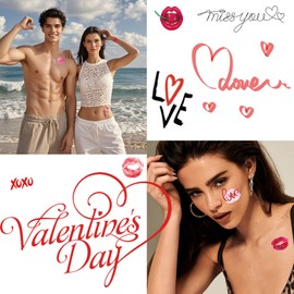 10 Sheets Temporary Tattoo Stickers for Valentine’s Day Men Women Party Face Body Sleeve Makeup Decor Decals Waterproof Fake Tattoos Stickers Red Black Heart Love Lips Rose Kiss Mark Decorations