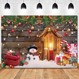 Christmas Snow Wood Floor Photo Backgrounds Winter Snowman Santa Gift Photography Backdrop for Family Holiday Party Portrait Photo Studio Props Banner 5x3ft