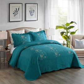 3 Piece Luxurious Embroidered Teal Quilt Bedding King Size Set - Traditional Ultra Soft Cozy Comfortable Durable Microfiber Material Quilted Bedspread Set