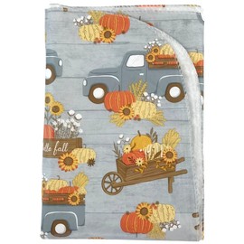 Fall Flannel Back Vinyl Tablecloth: Modern Farmhouse Gray Farm Trucks with Colorful Pumpkins Autumn Flowers Wheat