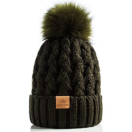 PAGE ONE Womens Winter Ribbed Beanie Crossed Cap Chunky Cable Knit Pompom Soft Warm Hat Olive Green