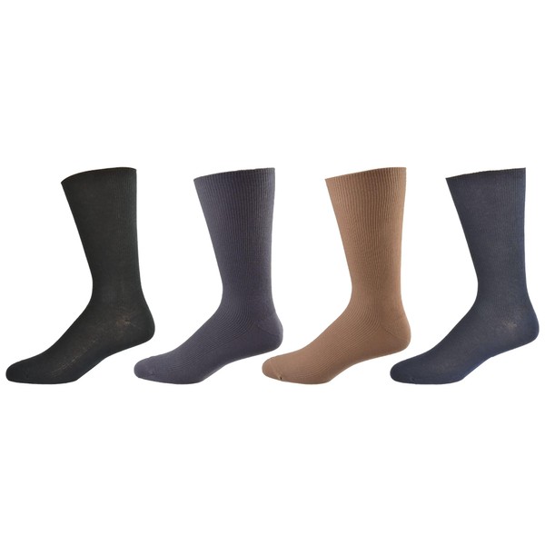Sierra Socks Men's Diabetic Cotton Dress Casual Crew Ribbed Smooth Toe M11 Assorted (Black/Gray/Navy/Khaki)