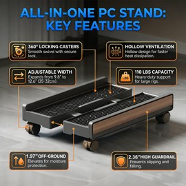 Adjustable CPU Stand,Ventilated PC Stand for Floor/Carpet/Under Desk, 110LBS Computer Tower Stand with Locking Caster Wheels, Fits Most Gaming/Desktop PCs, Rolling Cart for Office,Gamers & Students