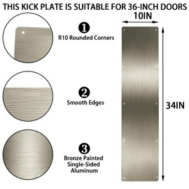 Door Kick Plate, Metal Kickplate for Bottom of Door,10x34" Aluminum Metal Plate Rounded Corners for 36" Interior Exterior Doors (Brushed Bronze)