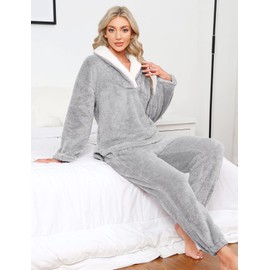 HEEKPEK Fuzzy Pajamas Set for Women Winter Warm Fluffy Loungewear Soft Fleece Pj Pants 2 Piece Plush Sleepwear Lounge Tops(Gray,XX-L)