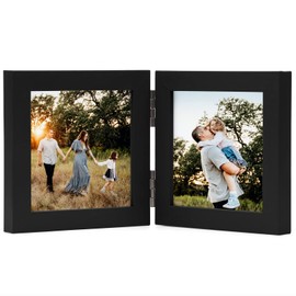 Janreefan Double 4X4 Picture Frames Hinged Folding Photo Frames in Black for Wall Hanging or Tabletop Standing, Made of Pine Wood with Real Glass P-44 * 2-HEI