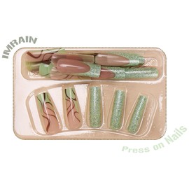 IMRAIN Press on Nails Long Square Fake Nails Green French Tips Glossy Glue on Nails Full Cover Handmade Wave Gradient Acrylic False Nails Spring Summer Artificial Stick on Nails