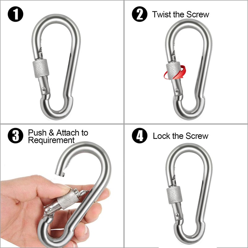 Acquwistach Locking Carabiner Clips 4 Pack 4" Stainless Steel Spring