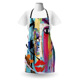 Ambesonne Art Apron, Contemporary Paint Strokes Splashes Face Paint Kiss Graffiti Grunge Creative Theme, Unisex Kitchen Bib with Adjustable Neck for Cooking Gardening, Adult Size, Blue Coral