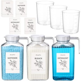 Potchen 3 Pcs 68 oz Laundry Detergent Dispenser Fabric Softener Dispenser with Labels Measuring Cups Soap Bleach Container Liquid Detergent Containers for Laundry Room Organization Storage