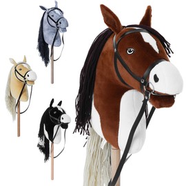 Hoofly® Hobby Horse Brown (Check) – Large Hob Horse for Children A3 with Screw Rod / Hobby Horse Set with Bridle / Hobby Horsing Horse in 4 Designs / Stick Horse with Accessories