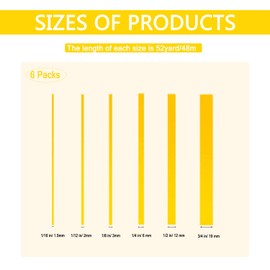 Xccj 6 Rolls Fine Line Tape, Automotive Yellow Painters Tape 1/16, 1/12, 1/8, 1/4, 1/2 and 3/4 Inch x 52 Yard, Fineline Masking Tape for Car Vehicles Auto Paint Art