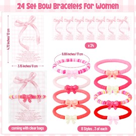 Zeyune 24 Set Pink Bow Friendship Bracelets Clay Bead Adjustable Bestie Friendship Bracelets Inspirational Cards Coquette Bow Gifts for Women BFF Friends