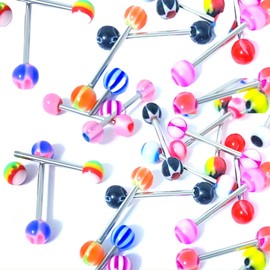 Vibrant Colourful Tongue Bars 19mm Stainless Steel Gift Pack Barbells Unisex Set - For Men Women Boys Girls Tongue Nipple Body Piercings - With Storage Display Stand & Holder - Ideal Gift Pack