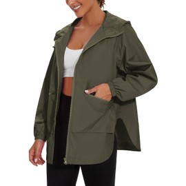 PESION Women's Waterproof Raincoat Lightweight Rain Jacket Trench Coat Hooded Windbreaker With Pockets for Outdoor, Army Green, Small