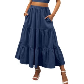 ANRABESS Women’s Summer Boho Flowy Swing Tiered A-Line Maxi Skirt 2025 Fashion Trendy Elastic Waist Pleated Long Beach Dress, Navy Blue, Medium