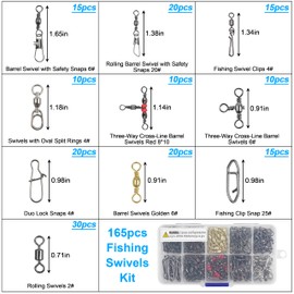 165pcs Fishing Swivels Tackle Kit Include Ball Bearing Barrel Swivels Rolling Swivel 3 Way Swivel Fishing Swivel Snaps High Strength Line Connector Fishing Accessories Set for Freshwater Saltwater