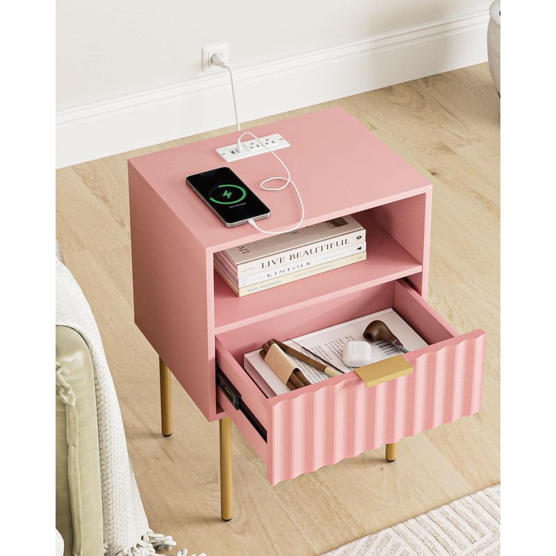 Masupu Nightstand with Charging Station,Mid-Century Modern Bedside Table with Storage