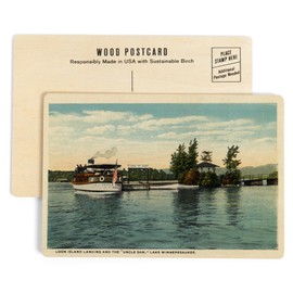 Lake Winnipesaukee, New Hampshire, Uncle Sam Steamer at the Loon Island Landing (4x6 Birch Wood Postcards, 2-Pack Stationary, Rustic Home Wall Decor)
