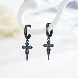 Midir&Etain Cross Drop Earrings for Men Women 925 Sterling Silver Black Punk Earring with Turquoise Gothic Jewellery Birthday Mother's Day Gift for Wife Mother, small, Sterling Silver, Turquoise